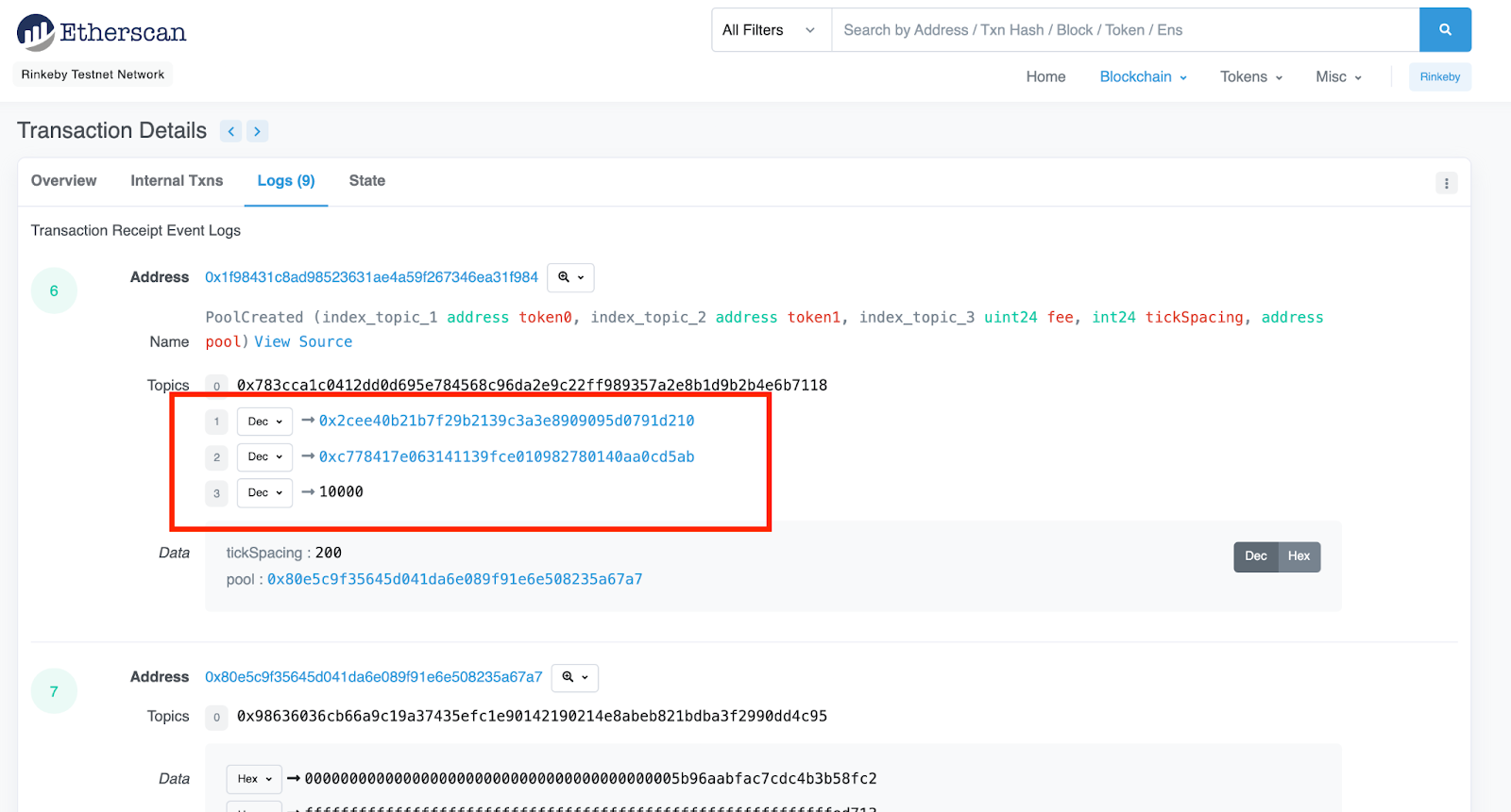 Screenshot of the Etherscan logs tab with pool details highlighted