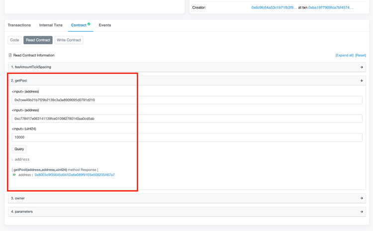 Screenshot of the getPool query result in the Uniswap v3 PoolFactory contract
