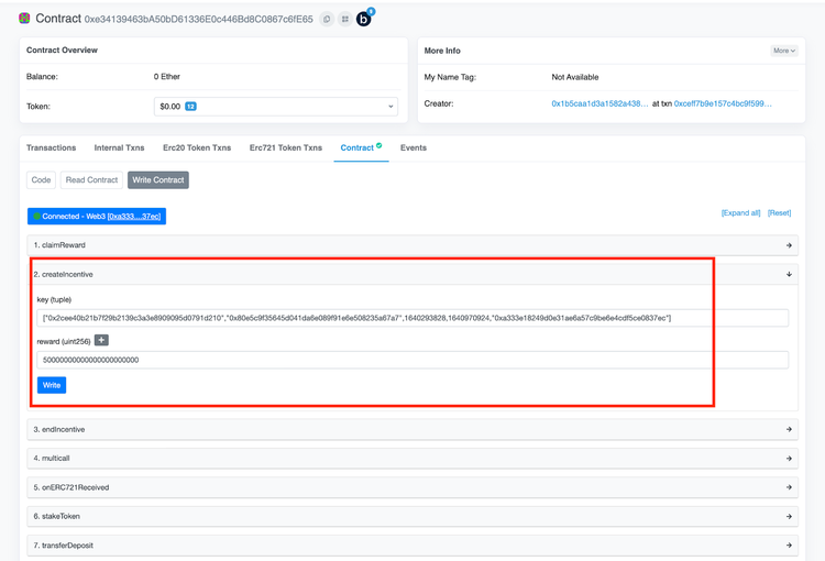 Screenshot of a completed createIncentive form on Etherscan