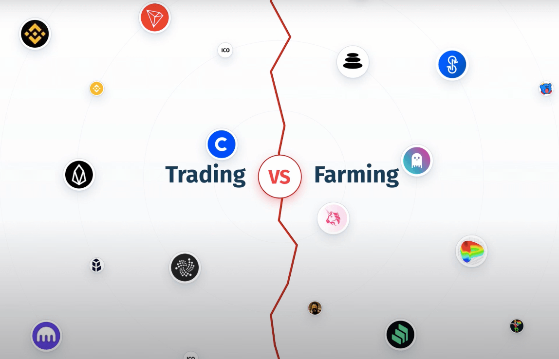 Split screen in halves. First half “Trading” with “2017 ICO Boom”, CEXs like “Binance”, “Coinbase”, and “Kraken”, ETH-killer tokens like “TRON”, “EOS”, “IOTA”, and other weird exchange tokens like “BNB”, “Bancor”; “vs”; Second half “Farming” with DEXs “Uniswap”, “Balancer”, and “Curve”, lending “Compound” “Aave” “dydx”, and pure-farming YFI with “Andre Cronje” (I test in prod), “Blue Kirby”, “Degen Spartan”
