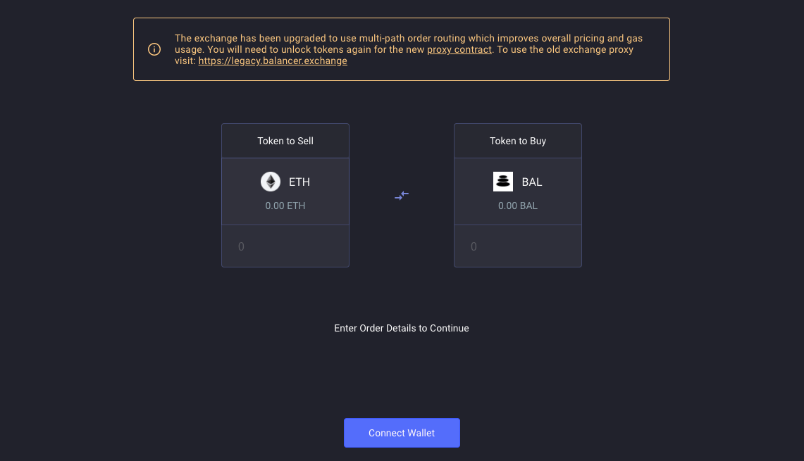 Screenshot of the Balancer swap interface