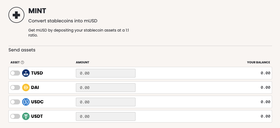 Screenshot of the mStable mint page