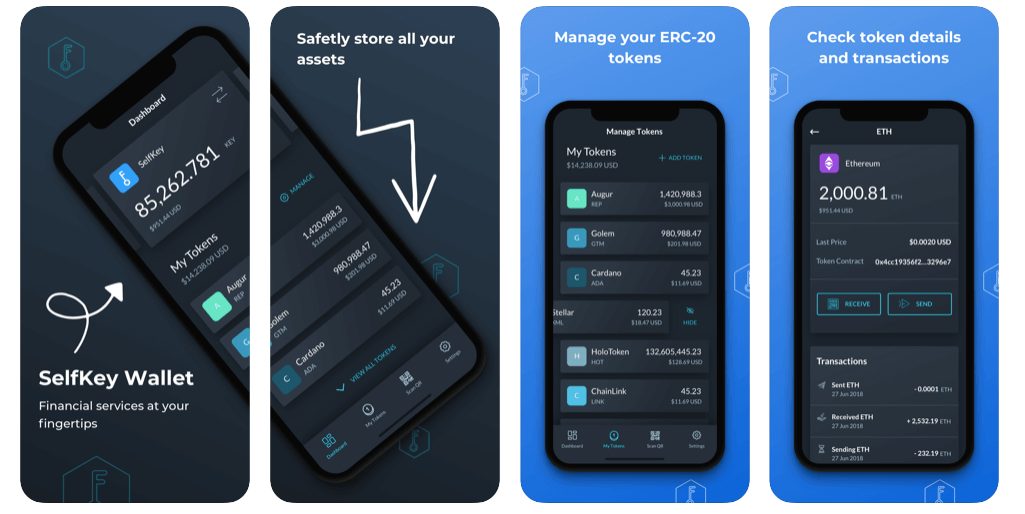 Promotional screenshots of the SelfKey wallet app for iOS