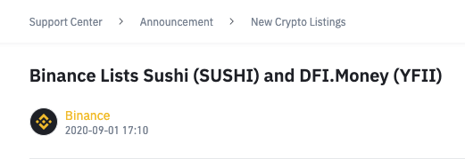 Binance announcement of the SUSHI token listing